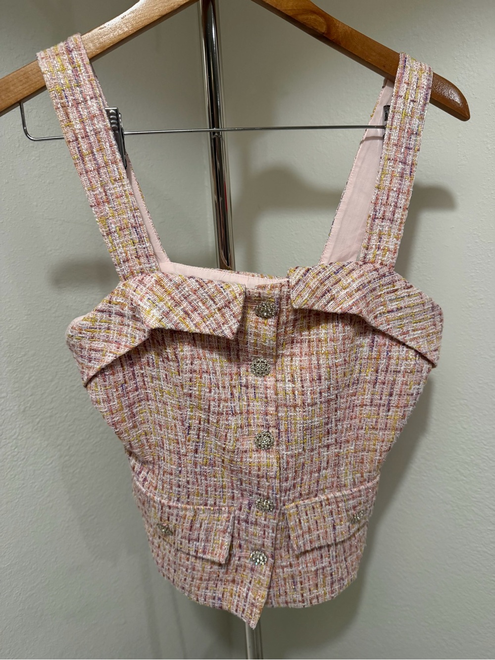 Lea & Viola Pink Tweed Cropped Vest with Decorative Buttons